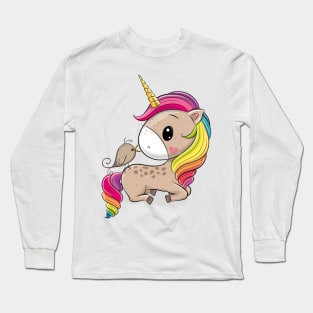 Cute unicorn and little bird. Long Sleeve T-Shirt